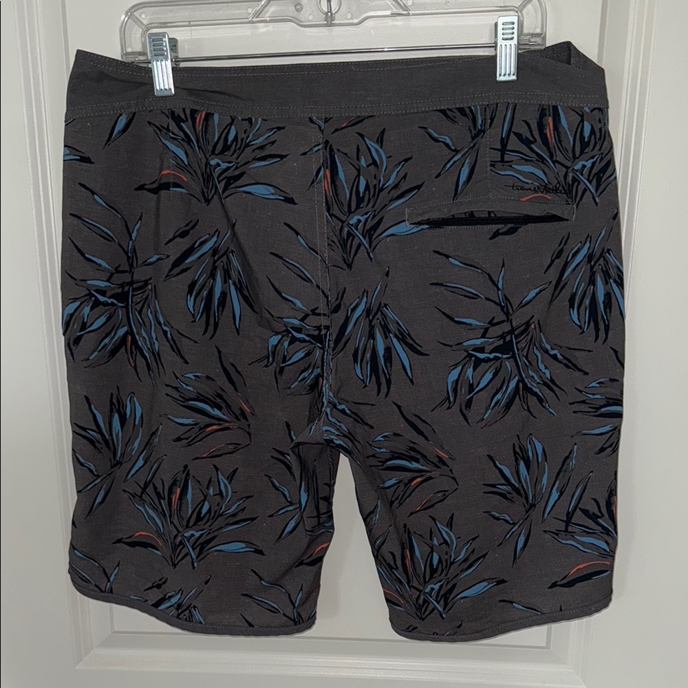 Travis Mathew Gray and Blue Board Shorts with Modern Tropical Design